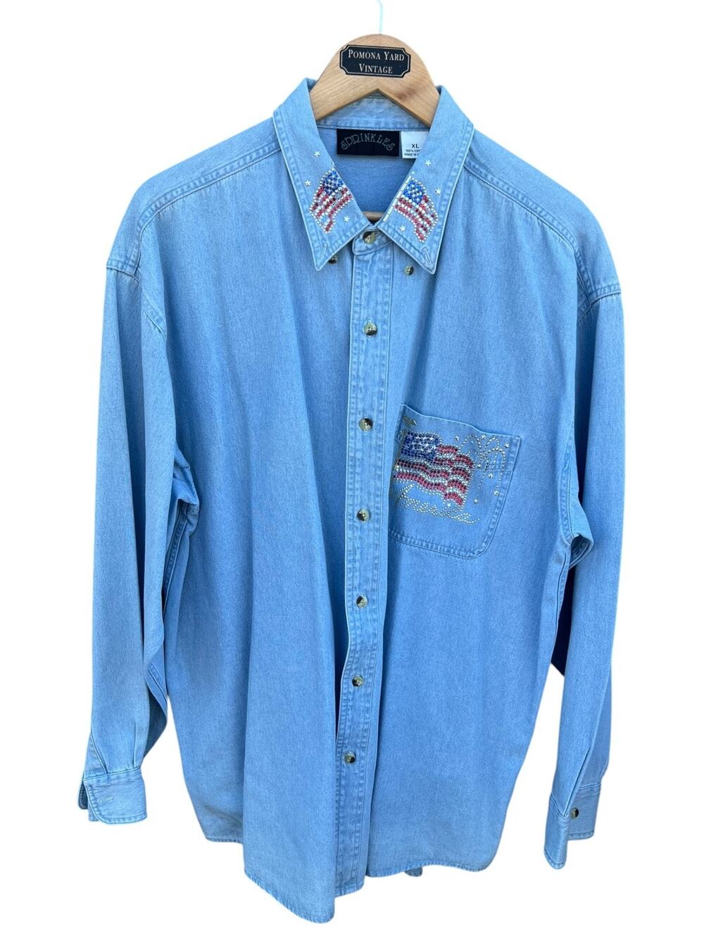 Sprinkles Women's Vintage Denim Shacket Long Sleeve USA Flag Beaded Blue Size XL